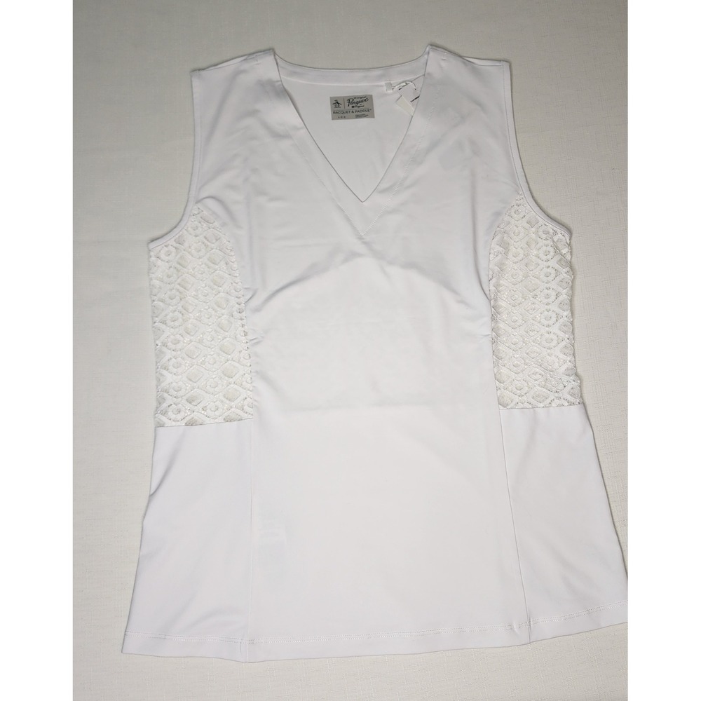 Original Penguin Racquet & Paddle White Golf Tank Top Lace Side Cutouts NWT L